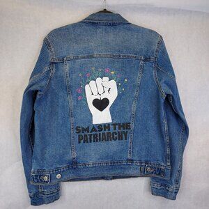 Hand Painted "Destroy The Patriarchy" Jean Jacket Womens L Art to Wear Old Navy